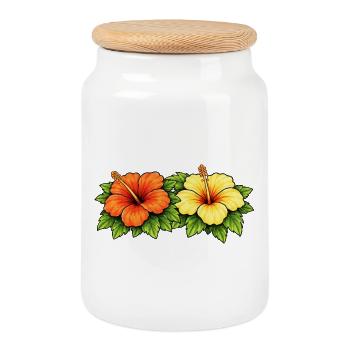 Hibiscus in tropical flowers - Cookie Jar with Wooden Lid - white - Front