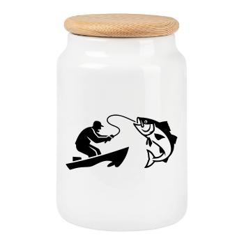 Silhouette de poisson pêcheur bateau - Boîte à biscuits avec couvercle en bois - blanc - Devant