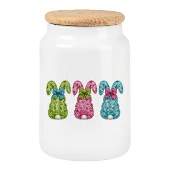 Easter Bunnies Easter Bunny 3 Bunnies Faux Yarn Easter - Cookie Jar with Wooden Lid - white - Front