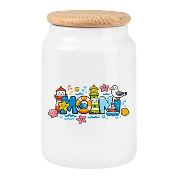 MOIN Möwe Leuchtturm Maritim Bunt - Keksdose mit Holzdeckel - Weiß - Vorne