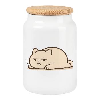 Motif de dessin animé de chat fatigué drôle et paresseux - Boîte à biscuits avec couvercle en bois - blanc - Devant