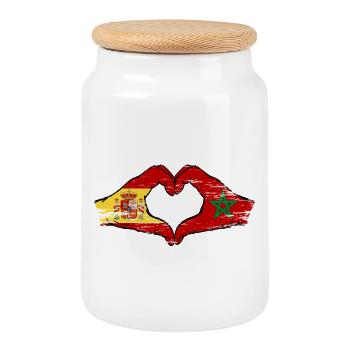 Spain Morocco Flag Hands Used - Cookie Jar with Wooden Lid - white - Front