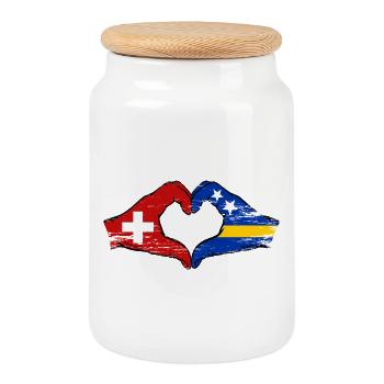 Switzerland Curacao Flag Hands Heart Shape Used - Cookie Jar with Wooden Lid - white - Front