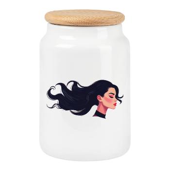 Flowing hairstyle of a black-haired woman - Cookie Jar with Wooden Lid - white - Front