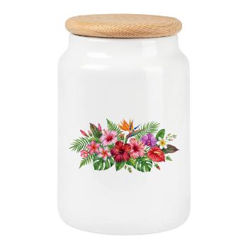 Tropical Blossoms Pattern - Cookie Jar with Wooden Lid - white - Front