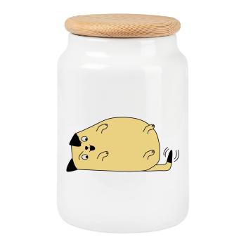 Dog looks on his tail - Cookie Jar with Wooden Lid - white - Front
