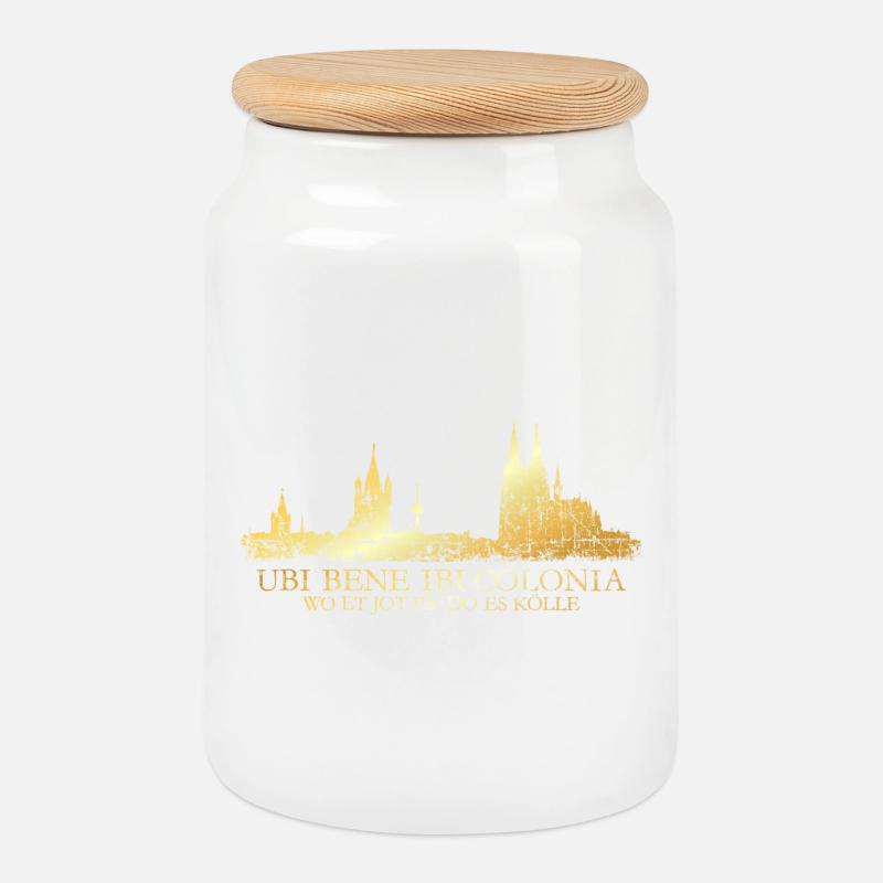 Kölner Skyline mit römischem Köln Spruch Ubi Bene - Keksdose mit Holzdeckel - Weiß