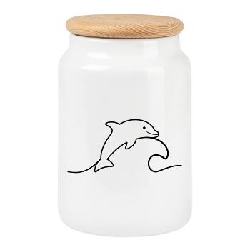 Dauphin sur le contour de l’icône de vague sautant joyeusement - Boîte à biscuits avec couvercle en bois - blanc - Devant