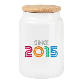 Depuis 2015 | Année d’anniversaire rétro colorée - Boîte à biscuits avec couvercle en bois - blanc - Devant