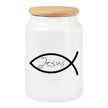 Jésus poisson noir Ichthys poisson poisson poisson - Boîte à biscuits avec couvercle en bois - blanc - Devant