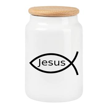 Jésus poisson noir Ichthys poisson poisson poisson - Boîte à biscuits avec couvercle en bois - blanc - Devant