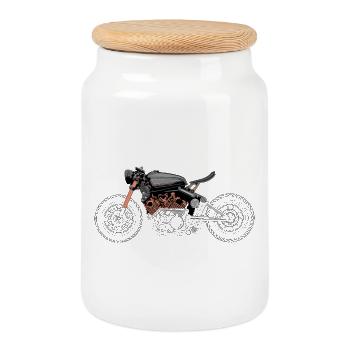 Motorcycle Biker Illustration Drawing Symbol Icon - Cookie Jar with Wooden Lid - white - Front