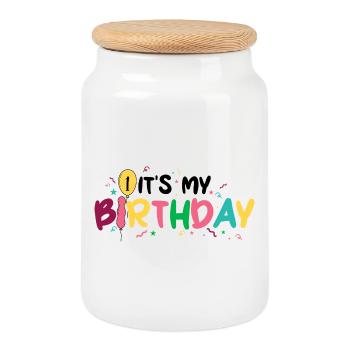 Birthday Burst: Bunte Buchstaben - Keksdose mit Holzdeckel - Weiß - Vorne