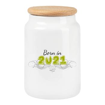 Born decorated in 2021 - Cookie Jar with Wooden Lid - white - Front