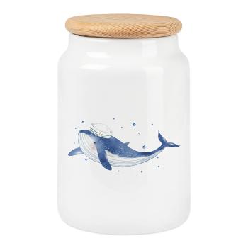 blue whale fish in the ocean with sailor hat - Cookie Jar with Wooden Lid - white - Front