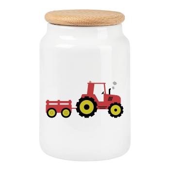 Roter Traktor & Anhänger - Keksdose mit Holzdeckel - Weiß - Vorne