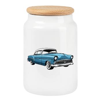 Retro US-Auto in Blau - Keksdose mit Holzdeckel - Weiß - Vorne