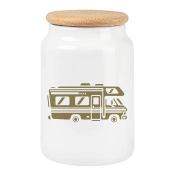 Wohnmobil Silhouette Camping Familienurlaub - Keksdose mit Holzdeckel - Weiß - Vorne
