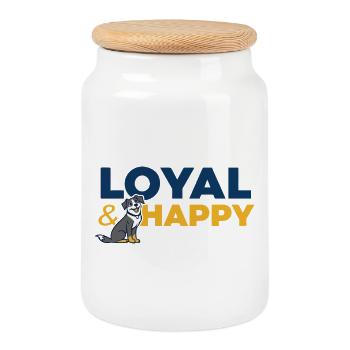 Loyal and Happy Dog Cartoon Logo - Cookie Jar with Wooden Lid - white - Front