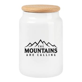 THE MOUNTAINS ARE CALLING Saying Statement - Cookie Jar with Wooden Lid - white - Front
