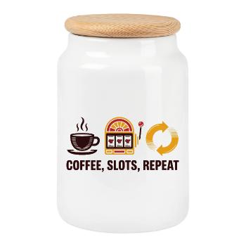 Coffee Slots Repeat Casino Gambling - Cookie Jar with Wooden Lid - white - Front