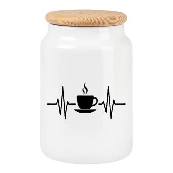 Coffee Heartbeat, Minimal Line Art Design - Cookie Jar with Wooden Lid - white - Front