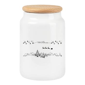 Winter House Panorama Line Drawing - Cookie Jar with Wooden Lid - white - Front