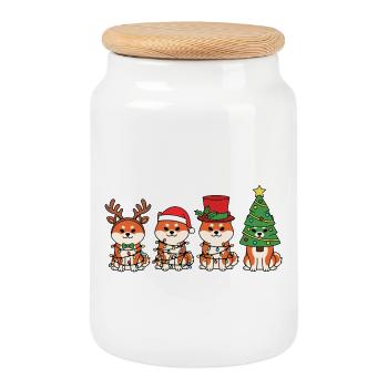 Shiba Inu Santa Claus Christmas Lights - Cookie Jar with Wooden Lid - white - Front