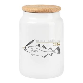 Roi de la Morue 2026 - Boîte à biscuits avec couvercle en bois - blanc - Devant