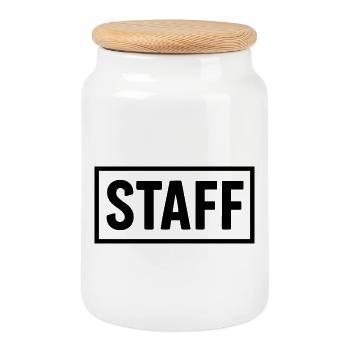 Minimalistisches STAFF Shirt – Club & Event Crew - Keksdose mit Holzdeckel - Weiß - Vorne