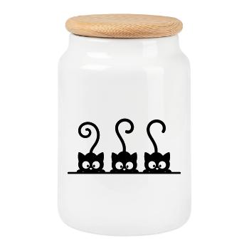 Three Cats Silhouettes - Cookie Jar with Wooden Lid - white - Front