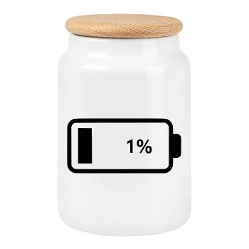 Leere Batterie Akku 1% - Keksdose mit Holzdeckel - Weiß - Vorne