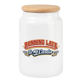 Retro Running Late Is My Cardio Saying Quote - Cookie Jar with Wooden Lid - white - Front