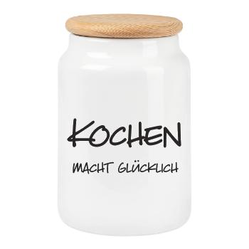 Cooking makes you happy – lettering for Kochliebha - Cookie Jar with Wooden Lid - white - Front