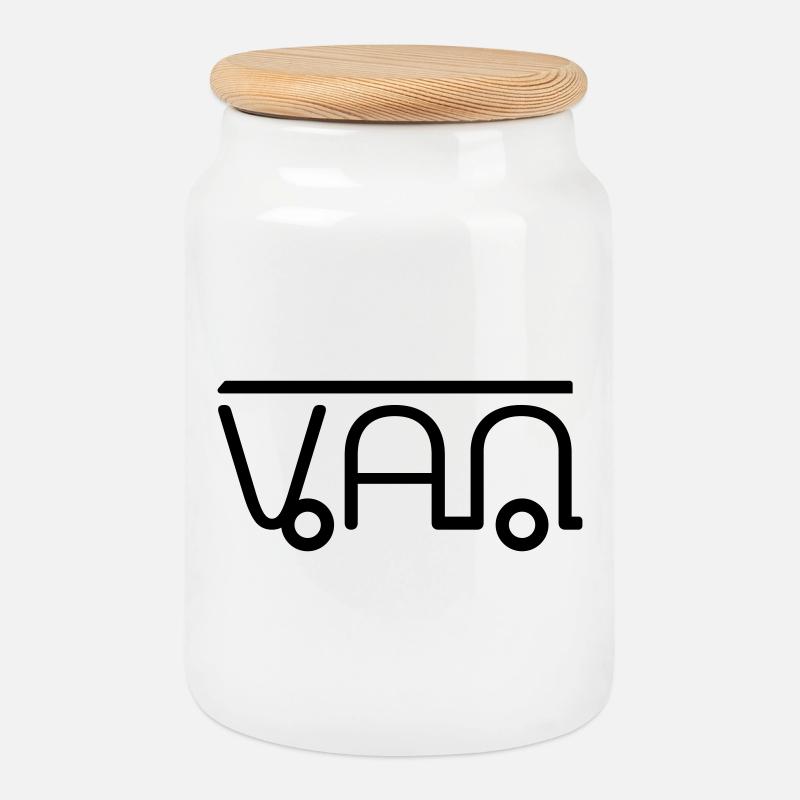 Van Camper Illustration aus Buchstaben - Keksdose mit Holzdeckel - Weiß
