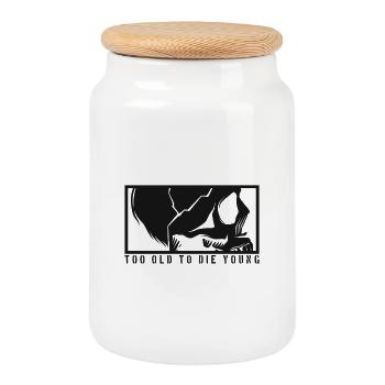 TOO OLD TO DIE YOUNG Skull Skeleton Rocker - Cookie Jar with Wooden Lid - white - Front
