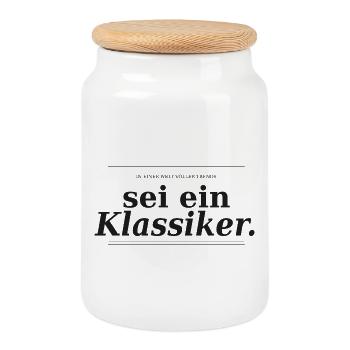 In einer Welt voller Trends, sei ein Klassiker - S - Keksdose mit Holzdeckel - Weiß - Vorne