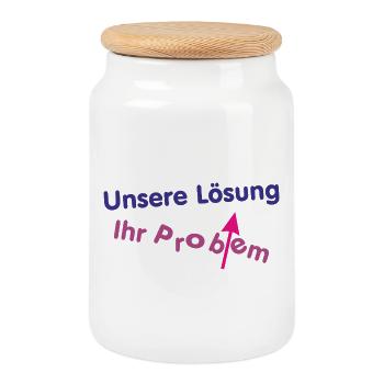 Unsere Lösung (wird) Ihr Problem ... - Keksdose mit Holzdeckel - Weiß - Vorne