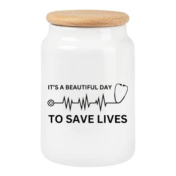 Belle journée pour sauver des vies - Infirmière médicale drôle - Boîte à biscuits avec couvercle en bois - blanc - Devant