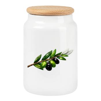 Olive branch with green and black olives - Cookie Jar with Wooden Lid - white - Front