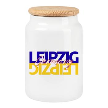 Leipzig Germany Lettering Overlay - Cookie Jar with Wooden Lid - white - Front