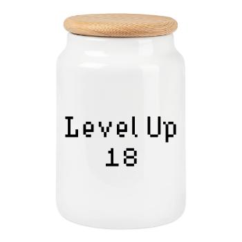 Level Up - 18th Birthday - Cookie Jar with Wooden Lid - white - Front