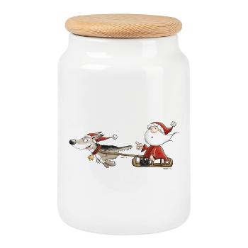 Père Noël avec des traîneaux à chiens I Christmas - Boîte à biscuits avec couvercle en bois - blanc - Devant