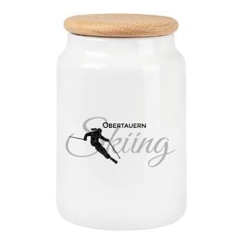 Obertauern Skiing (gray) après-ski skier - Cookie Jar with Wooden Lid - white - Front