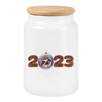 2023 Réveillon du Nouvel An Tournant de l’année Paresseux - Boîte à biscuits avec couvercle en bois - blanc - Devant