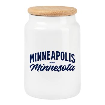 Minneapolis, Minnesota Script Blue Vintage - Boîte à biscuits avec couvercle en bois - blanc - Devant
