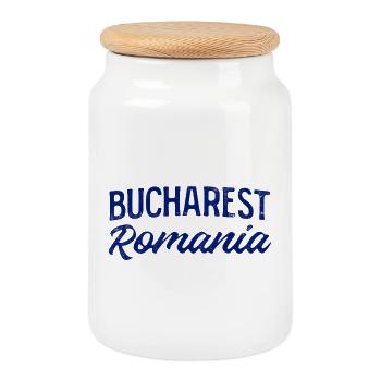 Bucarest, Roumanie, Lettrage à la main - Boîte à biscuits avec couvercle en bois - blanc - Devant
