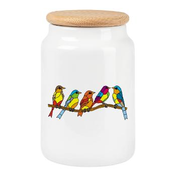Birds and colors - Cookie Jar with Wooden Lid - white - Front