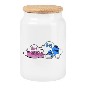 Girl Boy Shoe Pair Illustration - Cookie Jar with Wooden Lid - white - Front