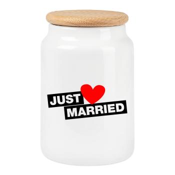 Just Married - pour les jeunes et les vieux couples mariés - Boîte à biscuits avec couvercle en bois - blanc - Devant